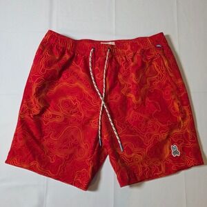 Psycho Bunny Mens Red Topographic Print Swim Trunks Size Lg 6 Inch Inseam FLAW